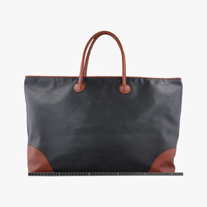 Pre-owned Bottega Veneta Marco Polo Jet Black × Caramel Brown PVC Coated Canvas × Calfskin handbag | stylenewstar