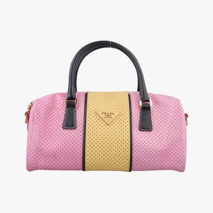 Pre-owned Prada Perforated Striped Boston Pink × Yellow × Black Saffiano Leather BL0655 handbag | stylenewstar