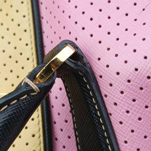 Pre-owned Prada Perforated Striped Boston Pink × Yellow × Black Saffiano Leather BL0655 handbag | stylenewstar