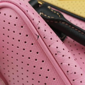 Pre-owned Prada Perforated Striped Boston Pink × Yellow × Black Saffiano Leather BL0655 handbag | stylenewstar