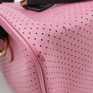 Pre-owned Prada Perforated Striped Boston Pink × Yellow × Black Saffiano Leather BL0655 handbag | stylenewstar