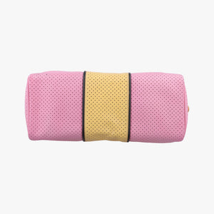 Pre-owned Prada Perforated Striped Boston Pink × Yellow × Black Saffiano Leather BL0655 handbag | stylenewstar