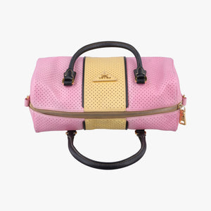 Pre-owned Prada Perforated Striped Boston Pink × Yellow × Black Saffiano Leather BL0655 handbag | stylenewstar