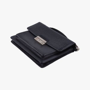 Pre-owned VERSACE Embossed Logo Top Handle Messenger Black Leather shoulderbag | stylenewstar