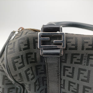 Pre-owned Fendi Zucchino Forever Bauletto Black canvas x Leather 8BL068 handbag | stylenewstar