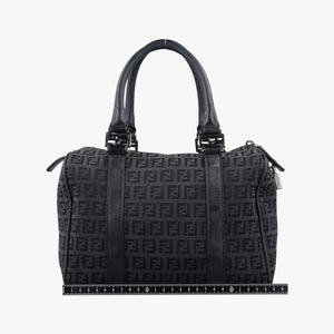 Pre-owned Fendi Zucchino Forever Bauletto Black canvas x Leather 8BL068 handbag | stylenewstar