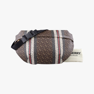 Pre-owned Burberry Monogram Stripe Brown×Multicolour PVC coated canvas x leather bum bag/waist bag | stylenewstar
