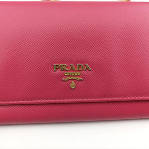 Pre-owned Prada Metal Wallet on Chain Cornflower Clutch Pink Saffiano leather 1MT290 shoulderbag | stylenewstar
