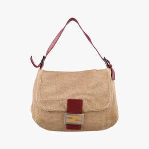 Pre-owned Fendi Mamma Baguette Beige × Burgundy Raffia × Leather 8BR001 shoulderbag | stylenewstar