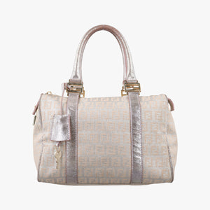 Pre-owned Fendi Zucchino Glitter Logo Pink×silver canvas 8BL068 handbag | stylenewstar