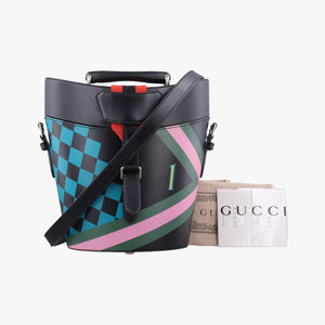 Pre-owned Gucci Printed bucket Black × blue × pink × green Leather 675882 shoulderbag | stylenewstar