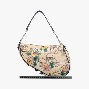 Pre-owned Christian Dior Paris '50s Motif Print Saddle Bag Beige × Multicolor Canvas × Leather shoulderbag | stylenewstar