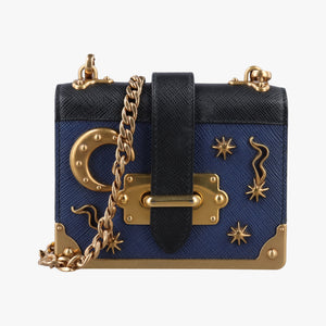 Pre-owned Prada Cahier Celestial Baltico ×Black Saffiano Leather × Smooth Leather shoulderbag | stylenewstar