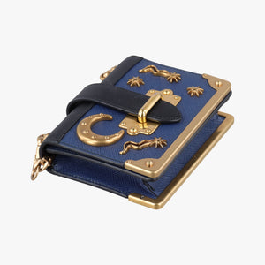 Pre-owned Prada Cahier Celestial Baltico ×Black Saffiano Leather × Smooth Leather shoulderbag | stylenewstar