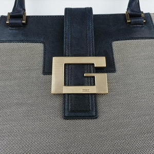 Pre-owned Gucci G logo tote Gray×Navy Leather×Canvas 002.11 shoulderbag | stylenewstar