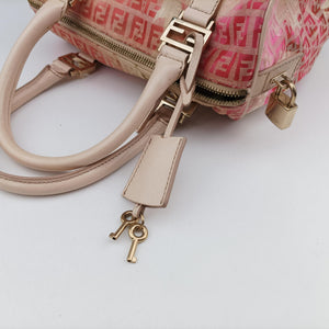Pre-owned Fendi Zucchino Forever Bauletto Pink×Multicolour canvas×leather 8BL068 handbag | stylenewstar