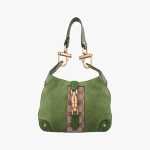 Secondhand Gucci Piston Lock Jackie Hobo Green Suede × Canvas 120885 shoulderbag | stylenewstar