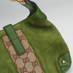 Secondhand Gucci Piston Lock Jackie Hobo Green Suede × Canvas 120885 shoulderbag | stylenewstar