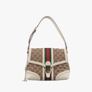 Pre-owned Gucci Web Treasure Flap White×Multicolour Leather×Canvas 145999 shoulderbag | stylenewstar