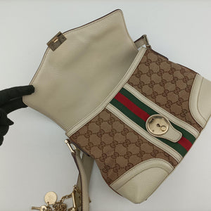 Pre-owned Gucci Web Treasure Flap White×Multicolour Leather×Canvas 145999 shoulderbag | stylenewstar