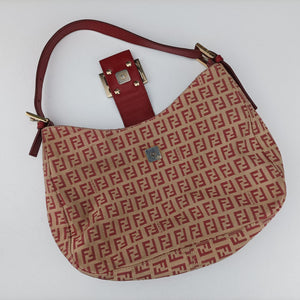 Pre-owned Fendi Zucchino Beige x Red canvas xLeather 8BR036 handbag | stylenewstar