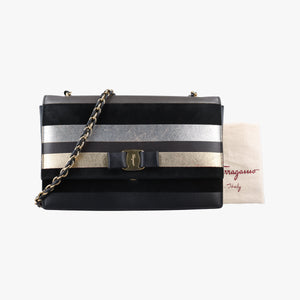 Pre-owned Ferragamo Vara Stripe Black× Gold×Silver Leather shoulderbag | stylenewstar