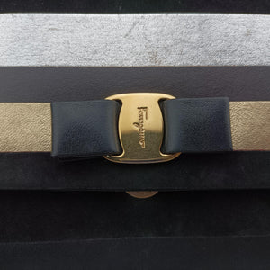 Pre-owned Ferragamo Vara Stripe Black× Gold×Silver Leather shoulderbag | stylenewstar