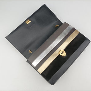 Pre-owned Ferragamo Vara Stripe Black× Gold×Silver Leather shoulderbag | stylenewstar