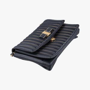 Pre-owned Ferragamo Vara Logo Ribbon Stripe Black Leather shoulderbag | stylenewstar