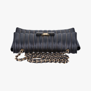 Pre-owned Ferragamo Vara Logo Ribbon Stripe Black Leather shoulderbag | stylenewstar