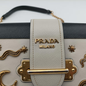 Pre-owned Prada Astrology Cahier White×Black Saffiano leather×Leather shoulderbag | stylenewstar