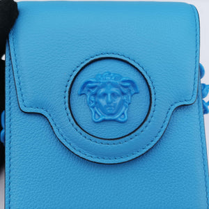 Pre-owned VERSACE Medusa phone bag Blue Leather shoulderbag | stylenewstar