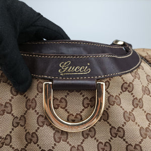 Pre-owned Gucci Abbey D-ring Hobo Beige x Brown Canvas x Leather 190525 handbag | stylenewstar