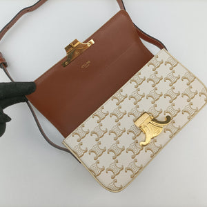 Pre-owned Celine Teen Triomphe White PVC coated canvas shoulderbag | stylenewstar