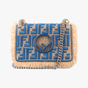 Pre-owned Fendi KAN I F Blue straw×fabric 8BT286 shoulderbag | stylenewstar