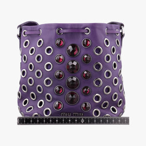 Pre-owned Miu Miu Grommet Mini Jewel Embellished Drawstring Bucket Purple lambskin shoulderbag | stylenewstar