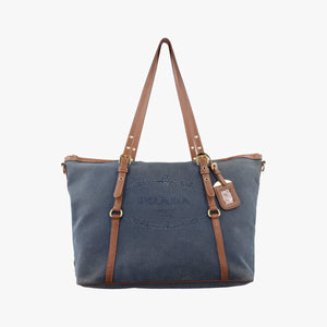Pre-owned Prada Logo Jacquard Blue × Brown Canvas × Leather BR4253 shoulderbag | stylenewstar