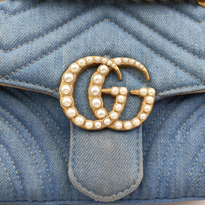 Pre-owned Gucci GG Marmont Blue Denim 446744 shoulderbag | stylenewstar