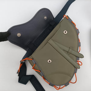 Pre-owned Christian Dior saddle Green×Navy Leather×Nylon shoulderbag | stylenewstar