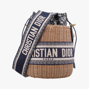 Pre-owned Christian Dior Wicker Basket Beige×navy Natural wicker×Dior oblique jacquard shoulderbag | stylenewstar