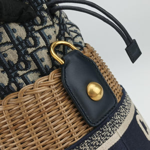 Pre-owned Christian Dior Wicker Basket Beige×navy Natural wicker×Dior oblique jacquard shoulderbag | stylenewstar