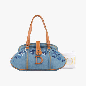 Pre-owned Christian Dior D-ring Logo Blue×Beige Denim handbag | stylenewstar