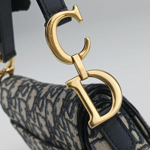 Pre-owned Christian Dior Saddle Navy×grey Jacquard × Leather handbag | stylenewstar