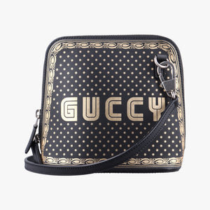 Pre-owned Gucci SEGA collaboration GUCCY print Black Leather 511189 shoulderbag | stylenewstar