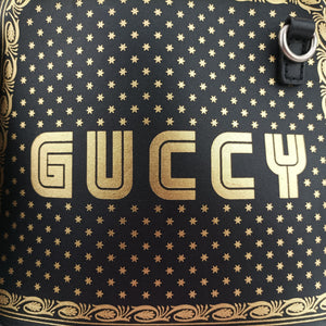 Pre-owned Gucci SEGA collaboration GUCCY print Black Leather 511189 shoulderbag | stylenewstar