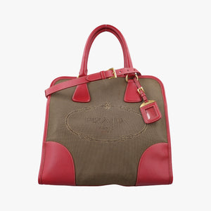Pre-owned Prada logo jacquard khaki×red Canvas × SAFFIANO Leather shoulderbag | stylenewstar