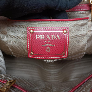 Pre-owned Prada logo jacquard khaki×red Canvas × SAFFIANO Leather shoulderbag | stylenewstar