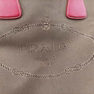 Pre-owned Prada logo jacquard khaki×red Canvas × SAFFIANO Leather shoulderbag | stylenewstar