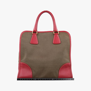 Pre-owned Prada logo jacquard khaki×red Canvas × SAFFIANO Leather shoulderbag | stylenewstar