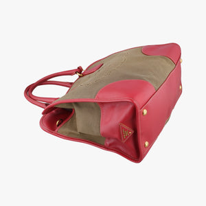 Pre-owned Prada logo jacquard khaki×red Canvas × SAFFIANO Leather shoulderbag | stylenewstar